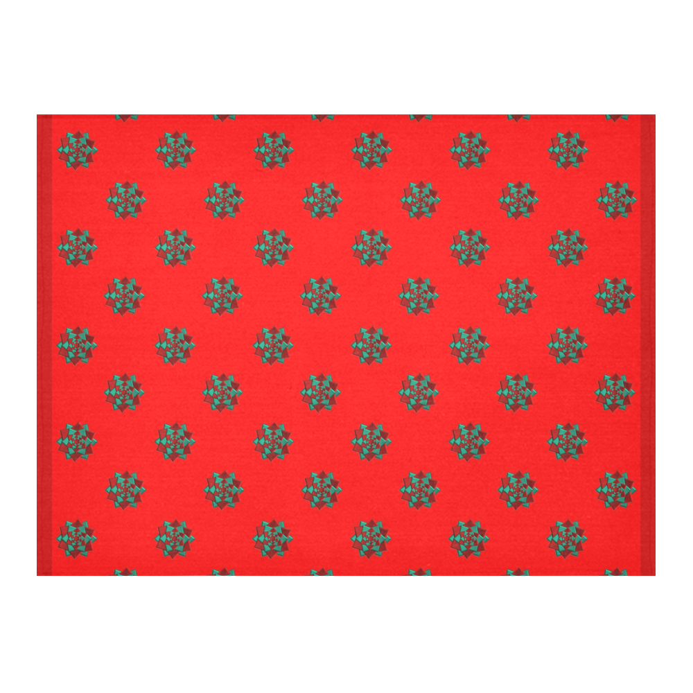 Metallic Red & Green Christmas Bows on Red Cotton Linen Tablecloth 52"x 70"