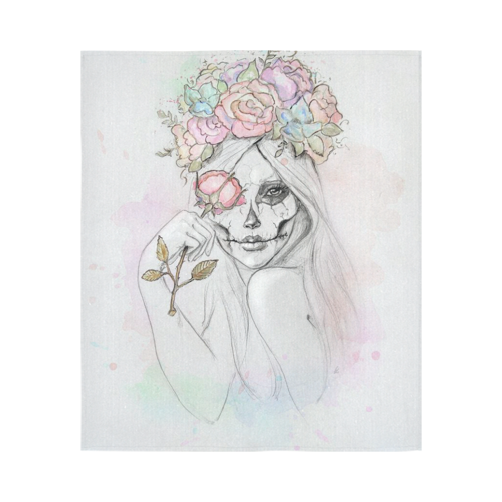 Boho Queen, skull girl, watercolor woman Cotton Linen Wall Tapestry 51"x 60"