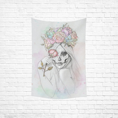 Boho Queen, skull girl, watercolor woman Cotton Linen Wall Tapestry 40"x 60"