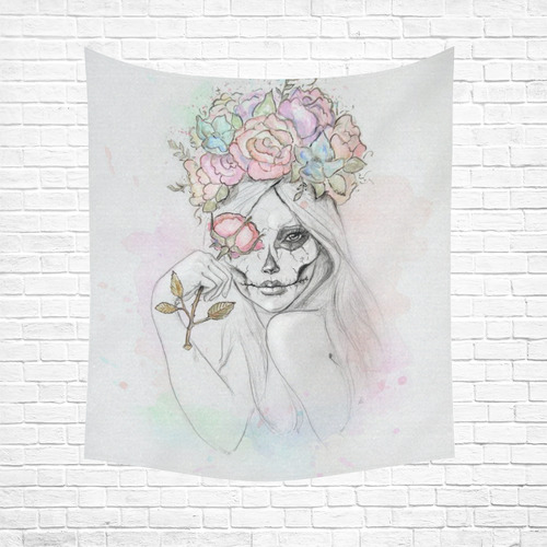 Boho Queen, skull girl, watercolor woman Cotton Linen Wall Tapestry 51"x 60"