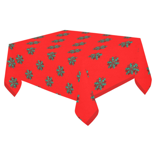 Metallic Red & Green Christmas Bows on Red Cotton Linen Tablecloth 52"x 70"