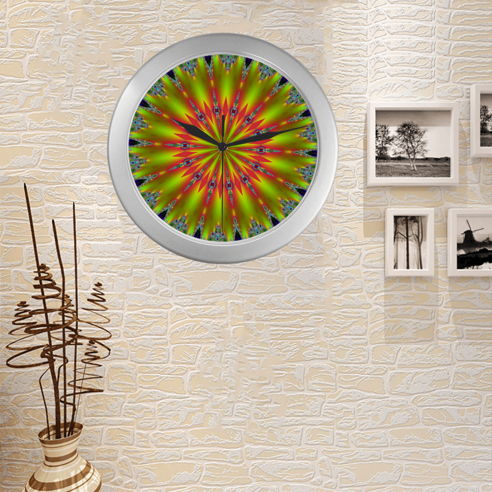 Fractal Kaleidoscope Mandala Flower Abstract 21 Silver Color Wall Clock