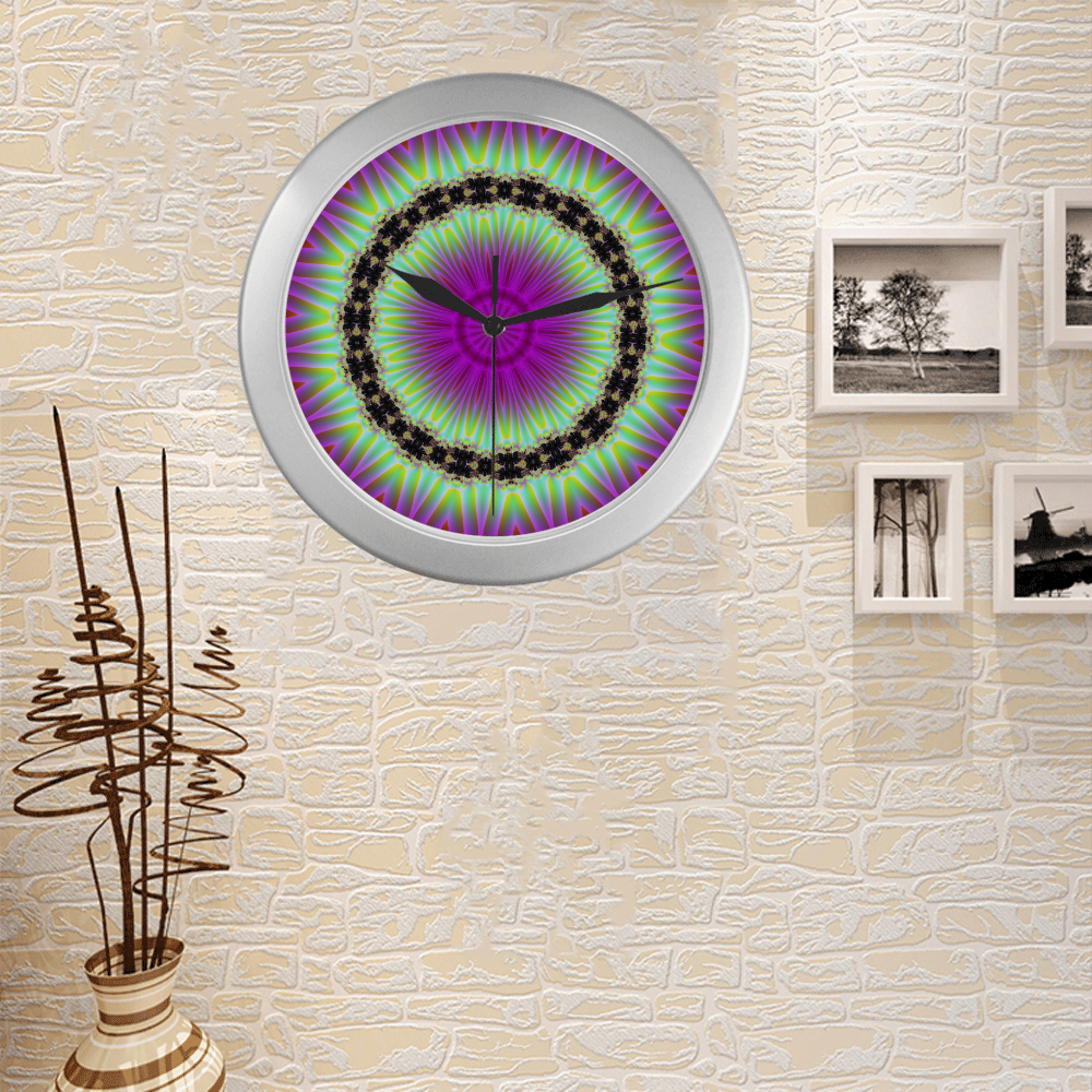 Fractal Kaleidoscope Mandala Flower Abstract 26 Silver Color Wall Clock