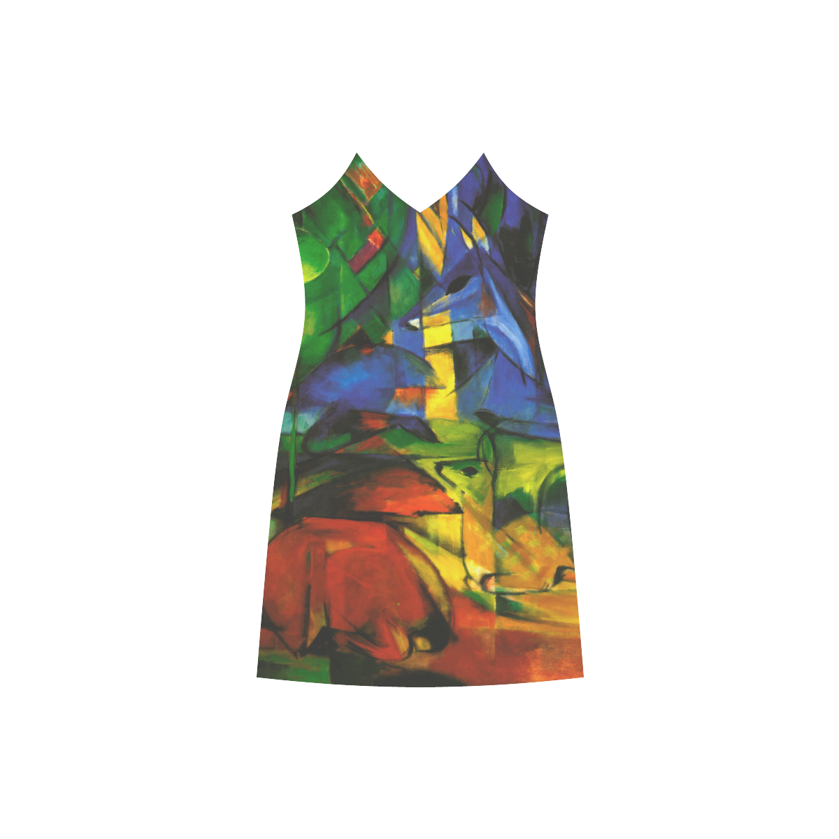 Franz Marc - Deers in the Wood II V-Neck Open Fork Long Dress(Model D18)