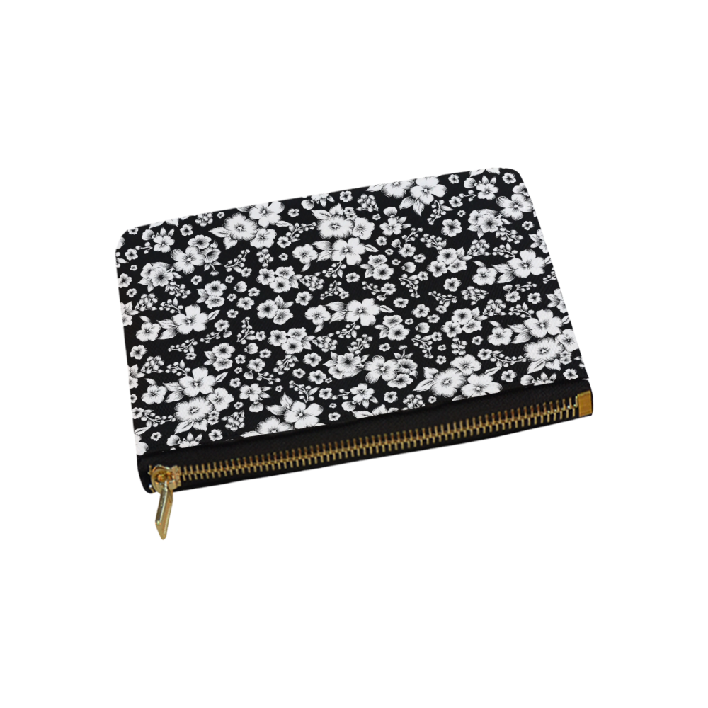 Fine Flowers Pattern Solid Black White Carry-All Pouch 9.5''x6''