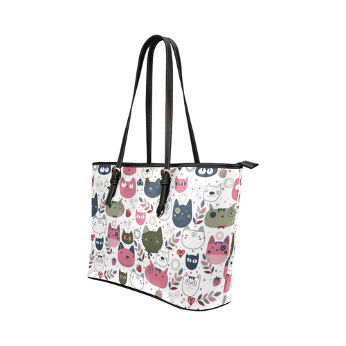 Pink Black White Cute Cats Hearts Flowers Leather Tote Bag/Large (Model 1651)