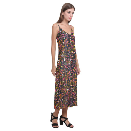 Colorful stained glass whimsical floral pattern V-Neck Open Fork Long Dress(Model D18)