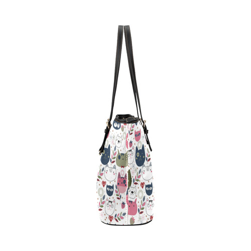 Pink Black White Cute Cats Hearts Flowers Leather Tote Bag/Large (Model 1651)