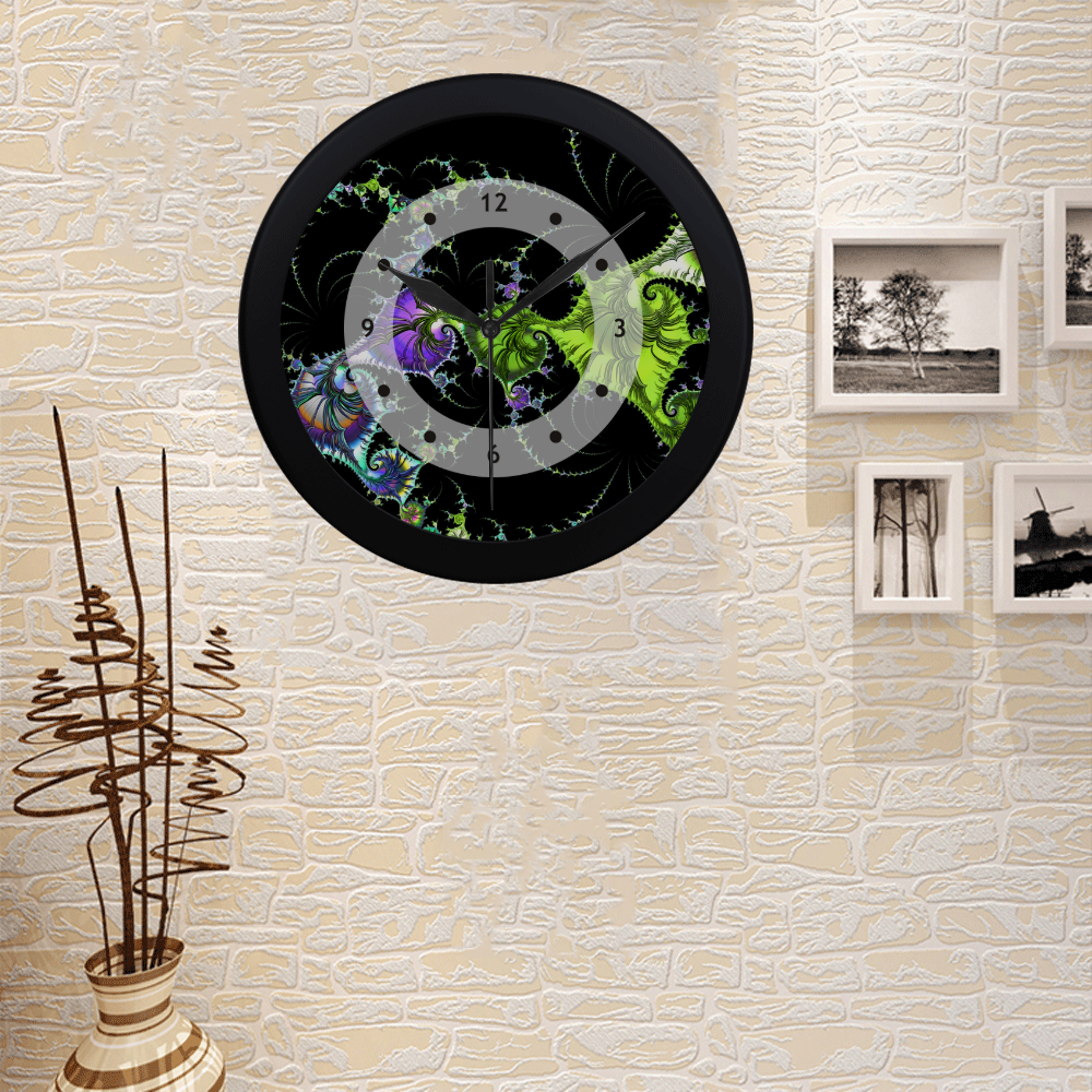 SPIRAL Filigree FRACTAL black green violet Circular Plastic Wall clock