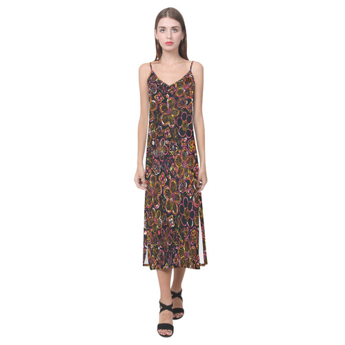 Colorful stained glass whimsical floral pattern V-Neck Open Fork Long Dress(Model D18)