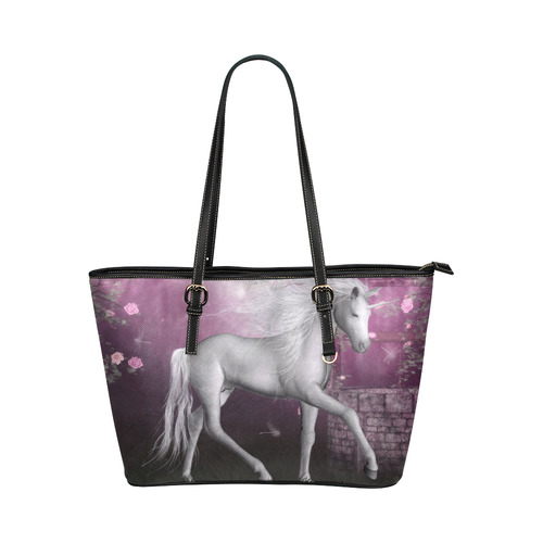 unicorn in a roses garden Leather Tote Bag/Large (Model 1651)