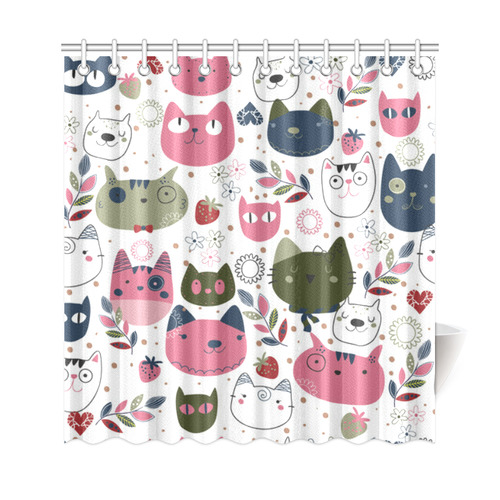 Pink Black White Cute Cats Hearts, Pink Black White Shower Curtain