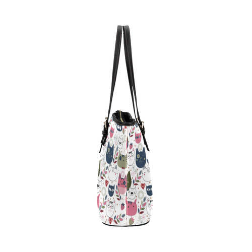 Pink Black White Cute Cats Hearts Flowers Leather Tote Bag/Large (Model 1651)