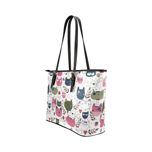 Pink Black White Cute Cats Hearts Flowers Leather Tote Bag/Large (Model 1651)