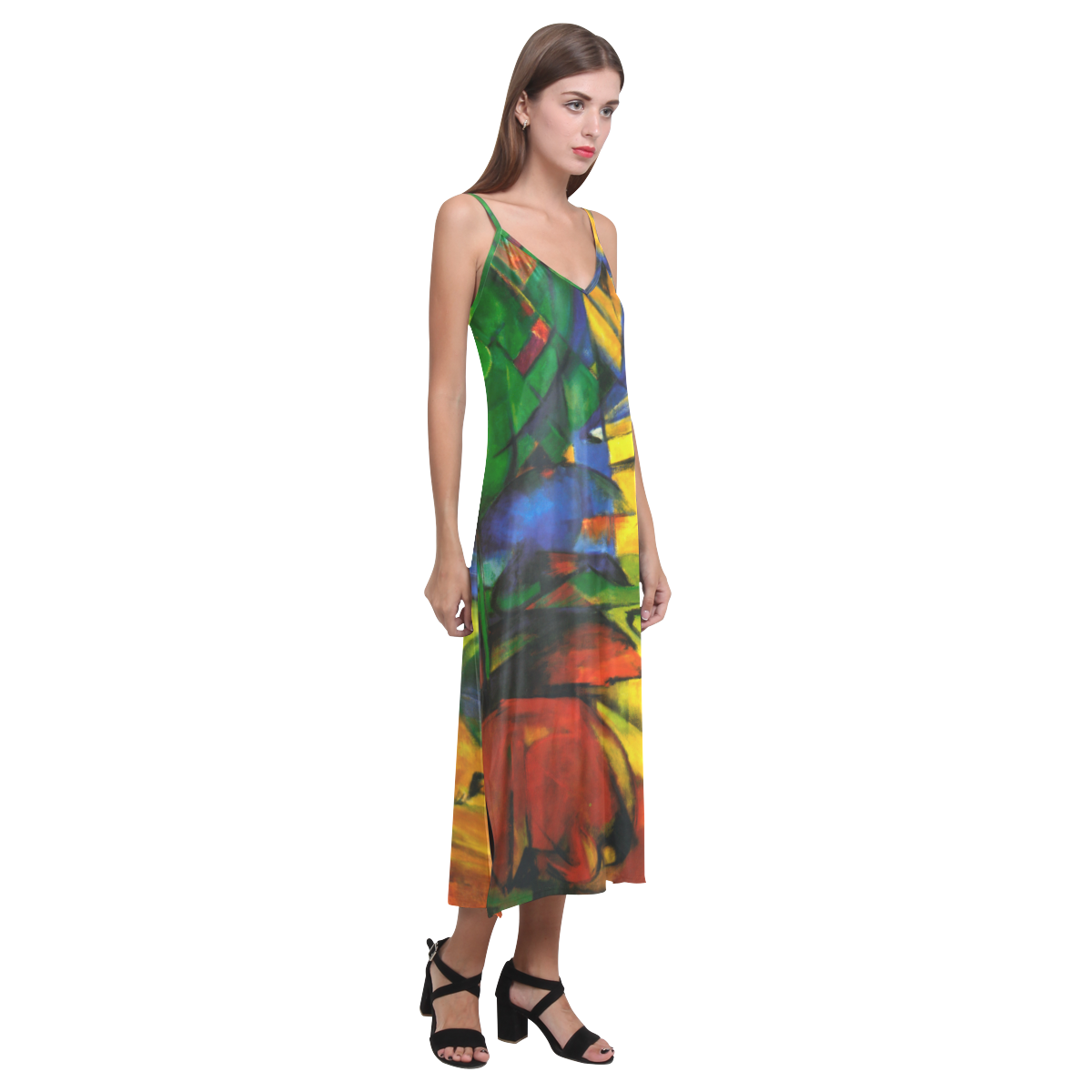 Franz Marc - Deers in the Wood II V-Neck Open Fork Long Dress(Model D18)