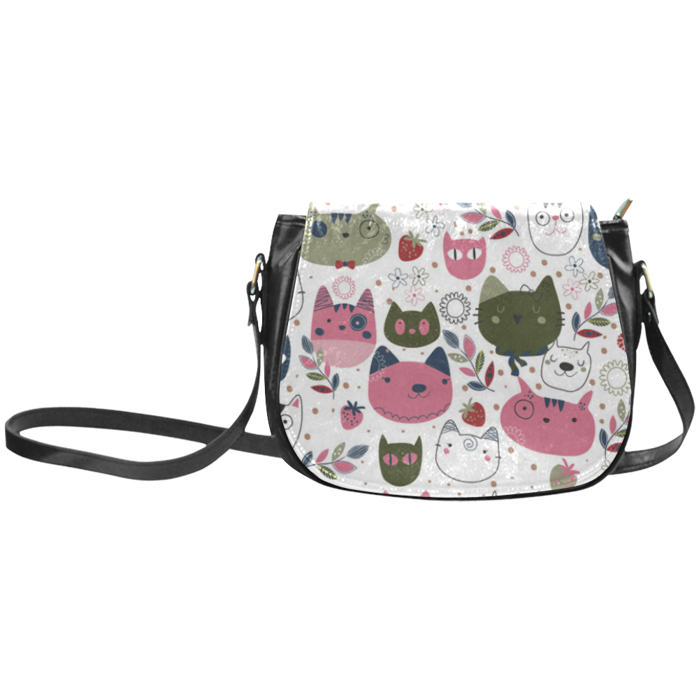 Pink Black White Cute Cats Hearts Flowers Classic Saddle Bag/Large (Model 1648)