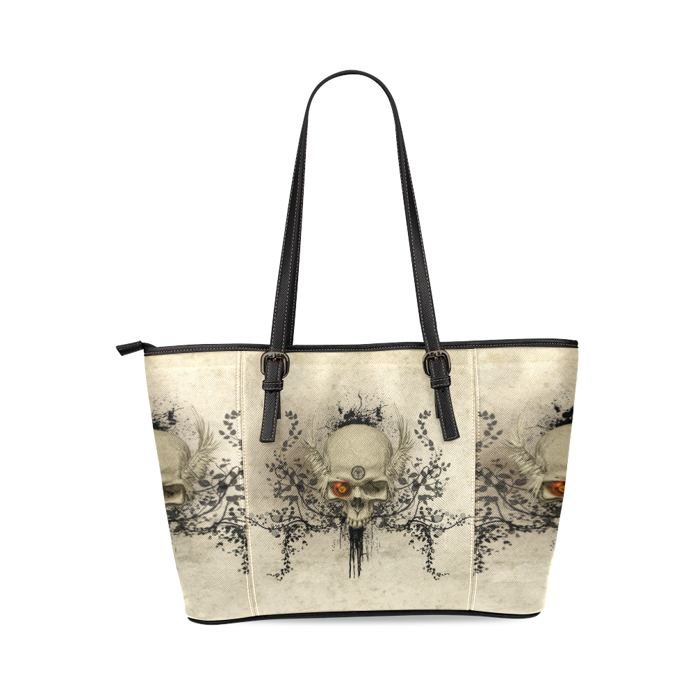 Amazing skull with wings,red eye Leather Tote Bag/Small (Model 1640)