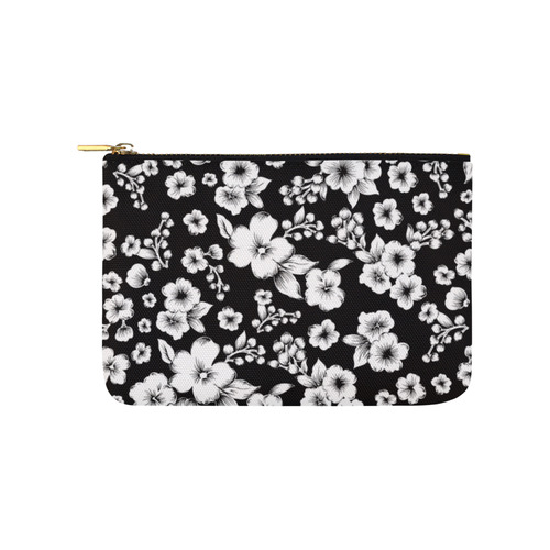Fine Flowers Pattern Solid Black White Carry-All Pouch 9.5''x6''
