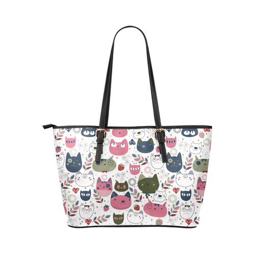 Pink Black White Cute Cats Hearts Flowers Leather Tote Bag/Large (Model 1651)