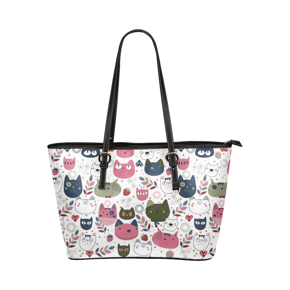 Pink Black White Cute Cats Hearts Flowers Leather Tote Bag/Large (Model 1651)