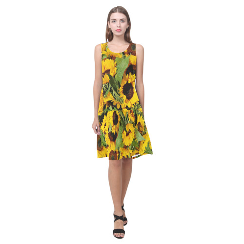 Yellow Sunflowers Sleeveless Splicing Shift Dress(Model D17)