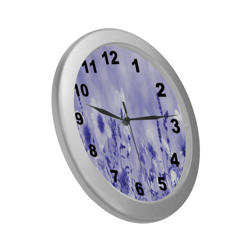 Violet Shaded Wildflowers Silver Color Wall Clock