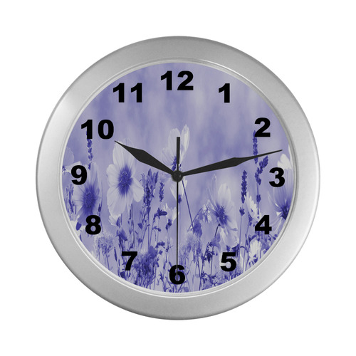 Violet Shaded Wildflowers Silver Color Wall Clock