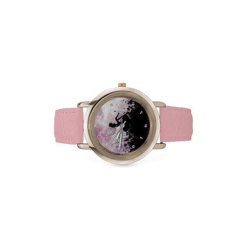 Pink Fairy Silhouette with bubbles Women's Rose Gold Leather Strap Watch(Model 201)