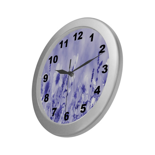 Violet Shaded Wildflowers Silver Color Wall Clock