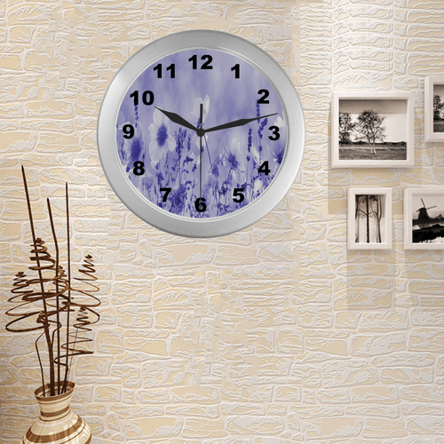 Violet Shaded Wildflowers Silver Color Wall Clock