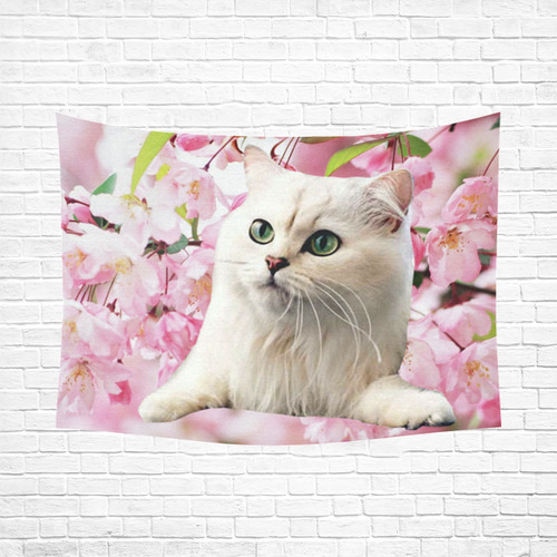 Cat and Flowers Cotton Linen Wall Tapestry 80"x 60"