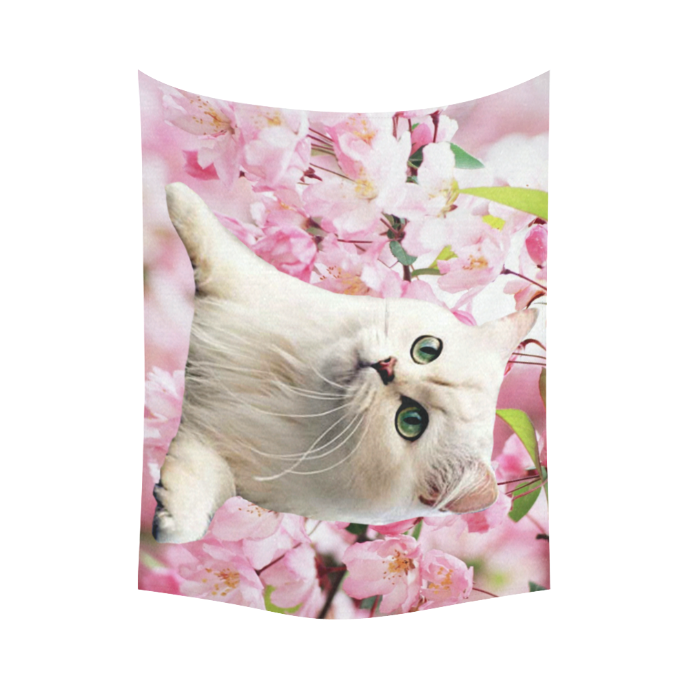 Cat and Flowers Cotton Linen Wall Tapestry 80"x 60"