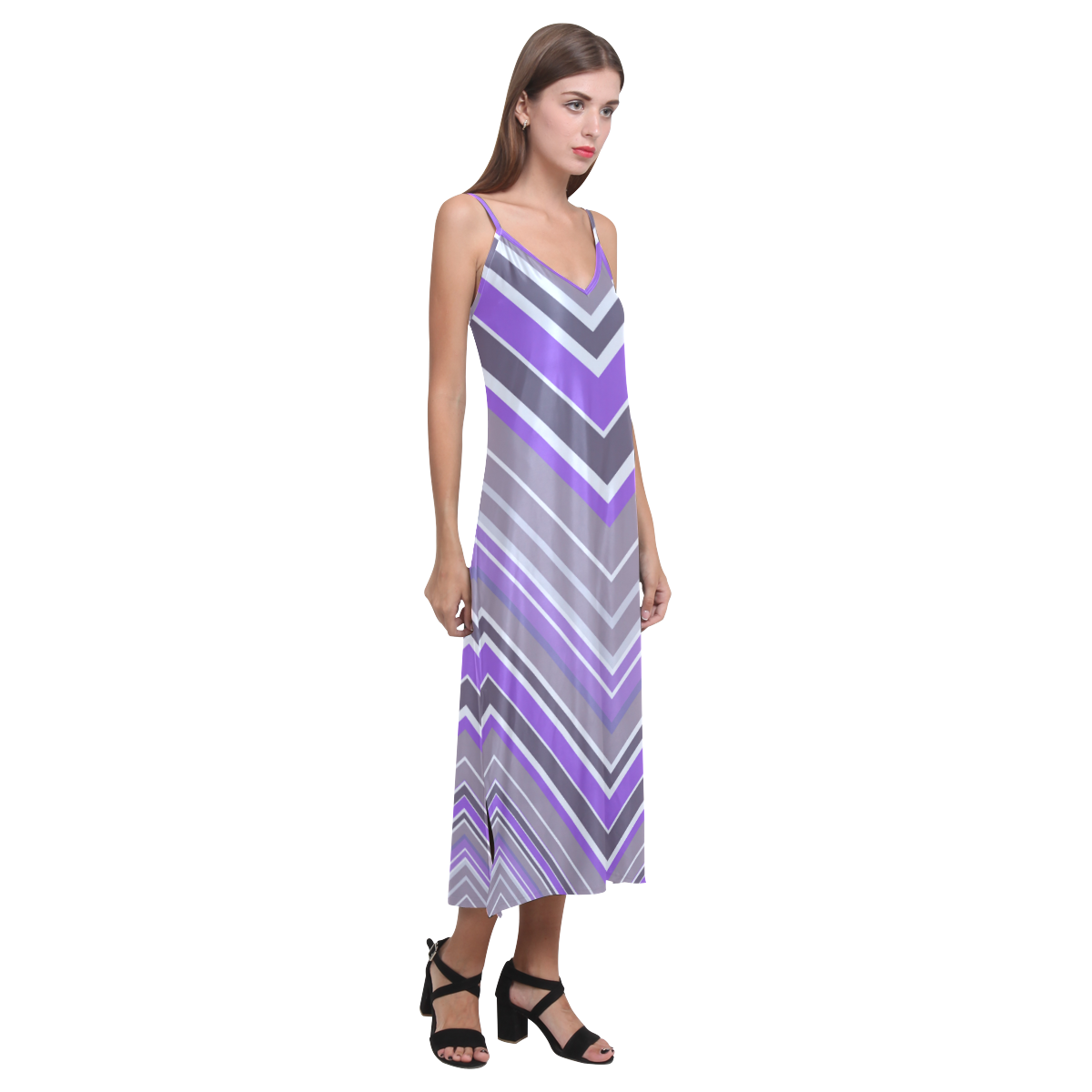 Purple Chevron Pattern V-Neck Open Fork Long Dress(Model D18)