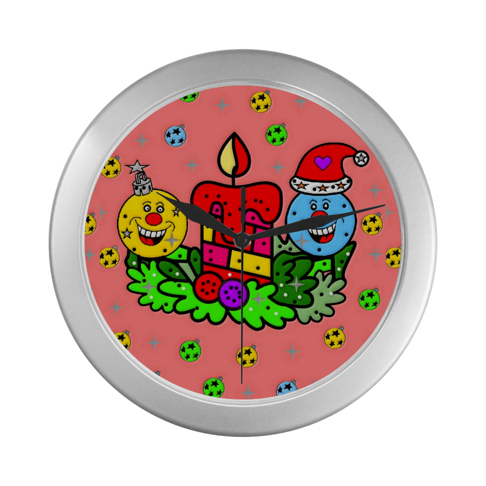 Happy Christmas Balls by Popart Lover Silver Color Wall Clock