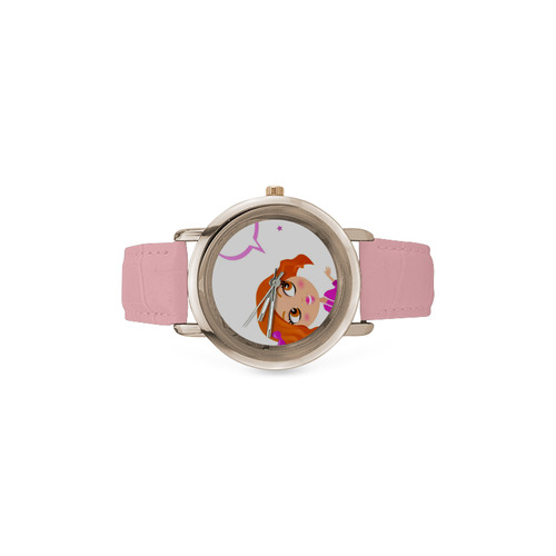 New in shop: Vintage hand-drawn Girl on Pink watches. New arrivals for 2016! Women's Rose Gold Leather Strap Watch(Model 201)