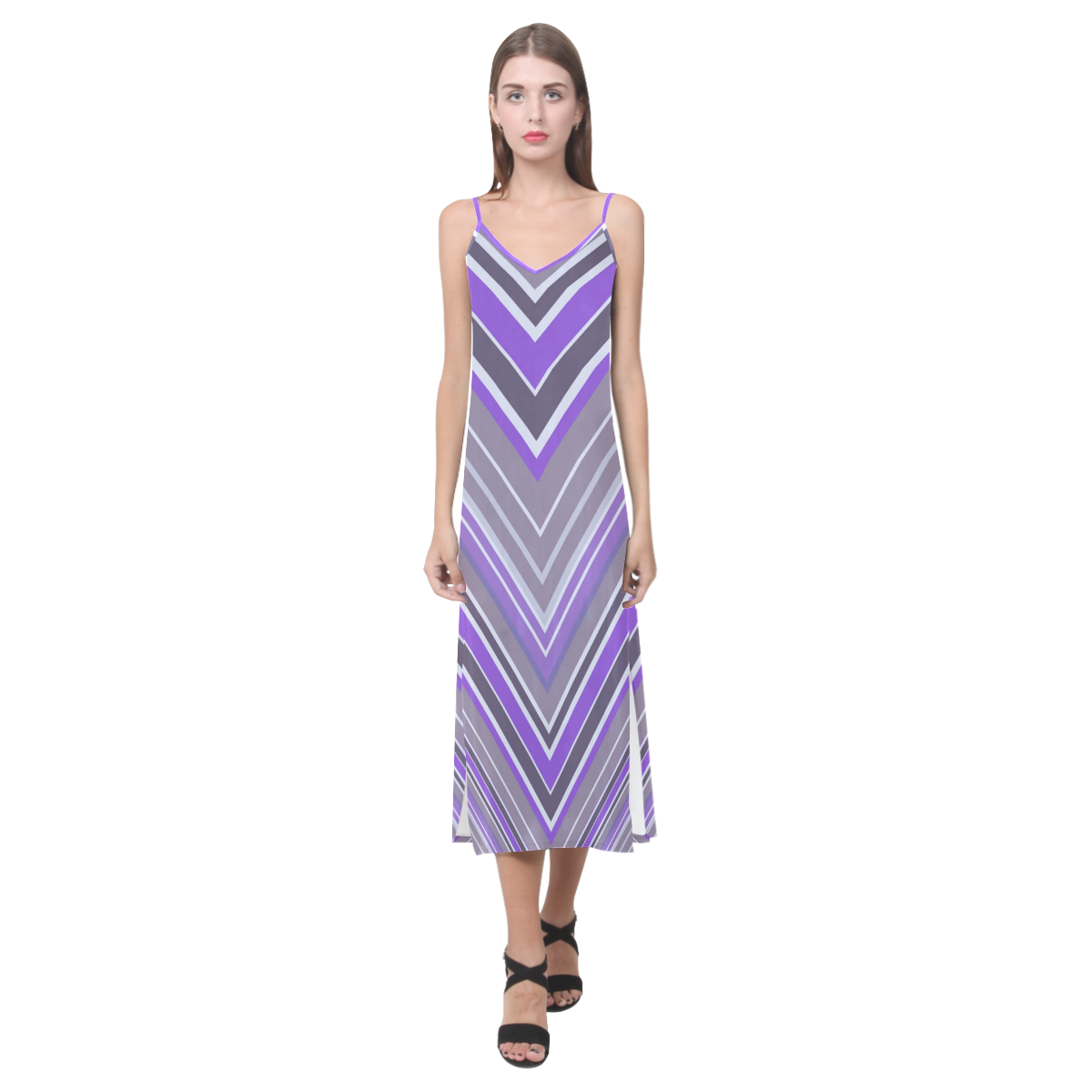 Purple Chevron Pattern V-Neck Open Fork Long Dress(Model D18)