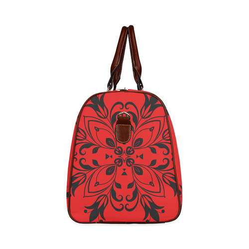 Black Floral Flourish on Red Waterproof Travel Bag/Small (Model 1639)