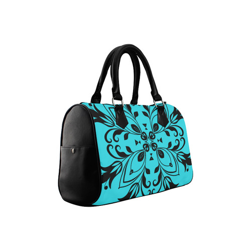 Black Floral Flourish Swirls on Teal Boston Handbag (Model 1621)