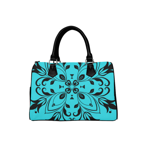 Black Floral Flourish Swirls on Teal Boston Handbag (Model 1621)