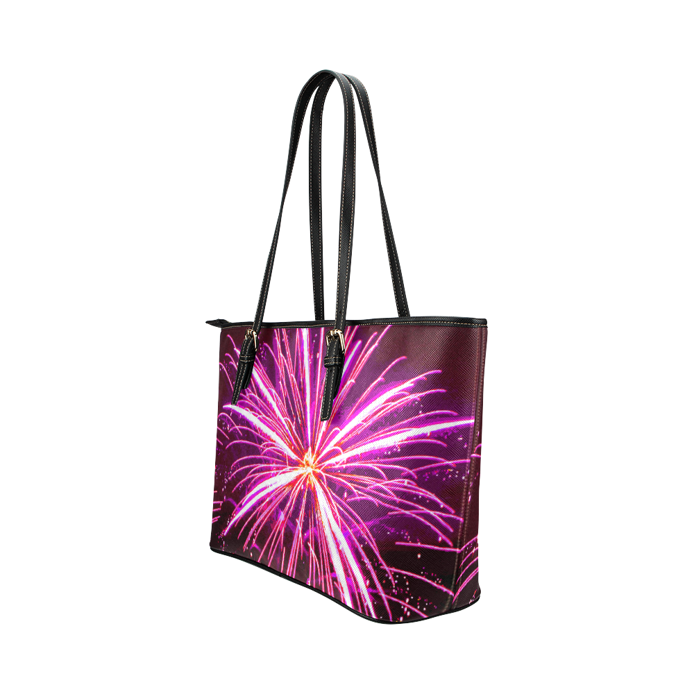 Happy New Year Fireworks Leather Tote Bag/Small (Model 1651)