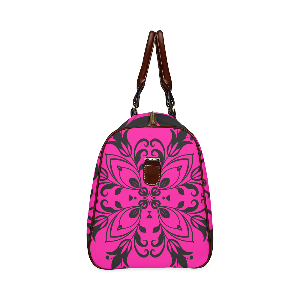 Black Floral Flourish on Pink Waterproof Travel Bag/Small (Model 1639)