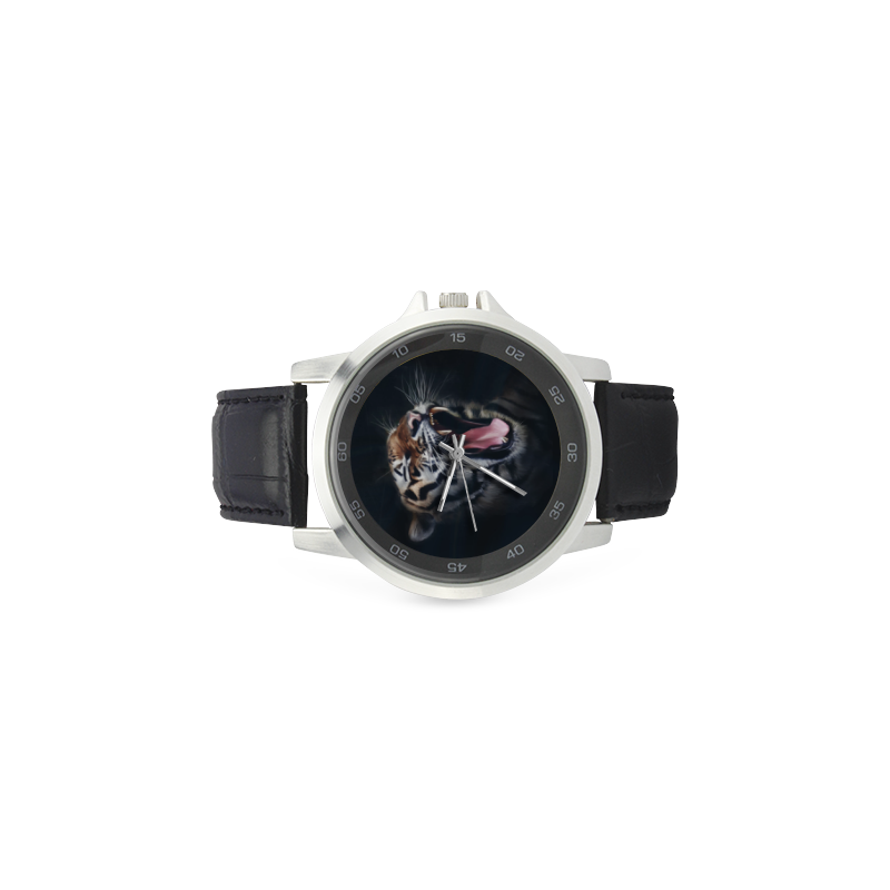 A painted glorious roaring Tiger Portrait Unisex Stainless Steel Leather Strap Watch(Model 202)
