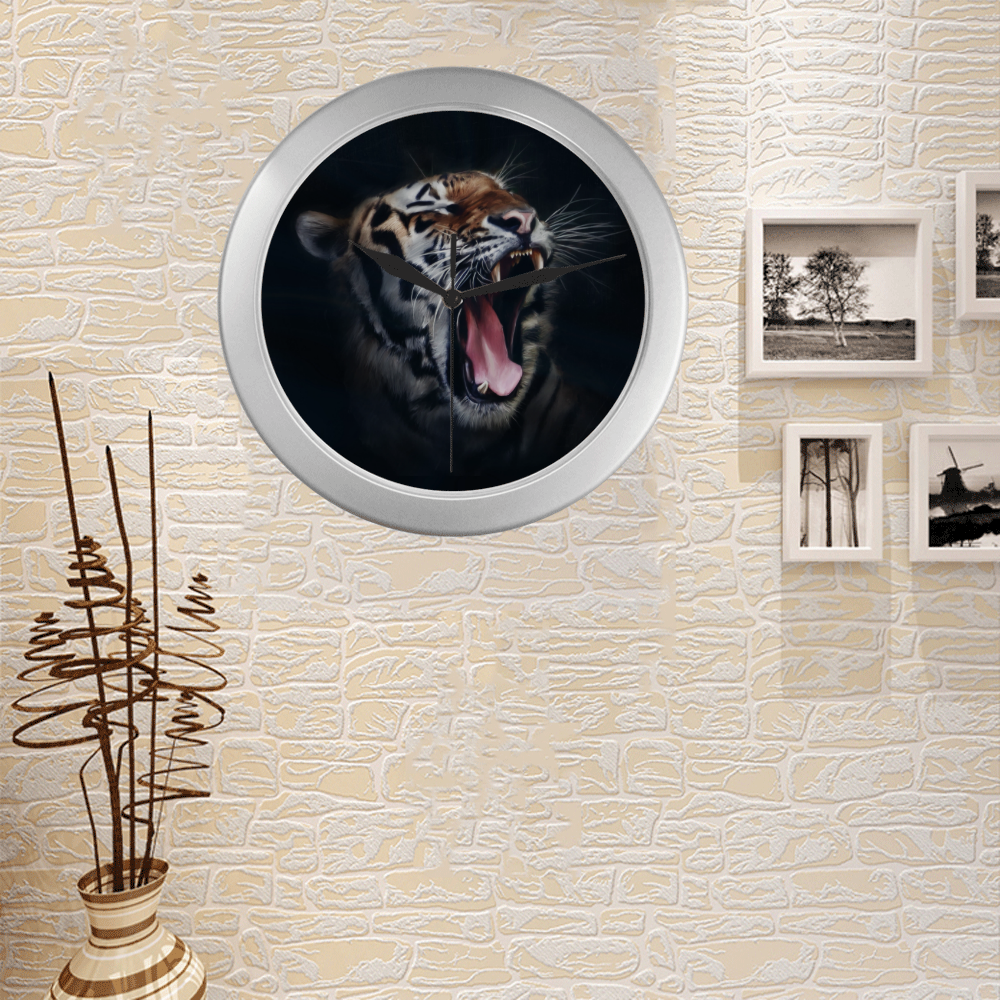 A painted glorious roaring Tiger Portrait Silver Color Wall Clock