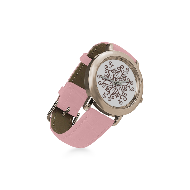 Designers watches with hand-drawn Mandala art. Pink edition Women's Rose Gold Leather Strap Watch(Model 201)