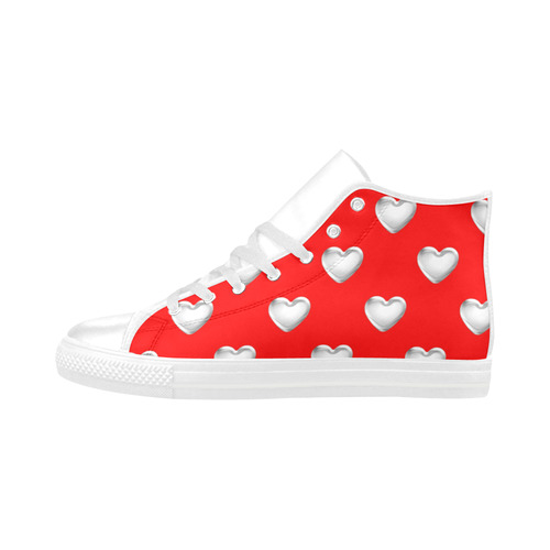 Silver 3-D Look Valentine Love Hearts on Red Aquila High Top Microfiber Leather Women's Shoes (Model 032)