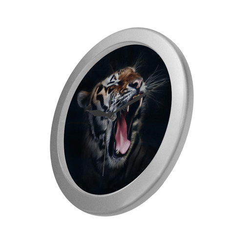 A painted glorious roaring Tiger Portrait Silver Color Wall Clock