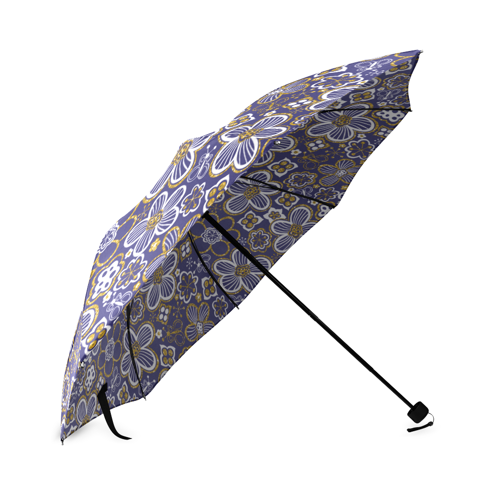 navy blue gold white whimsical floral pattern Foldable Umbrella (Model U01)