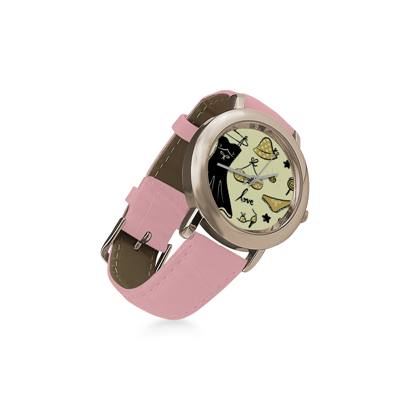Enjoy "Paris inspired illustration" in watches. Vintage pink edition Women's Rose Gold Leather Strap Watch(Model 201)
