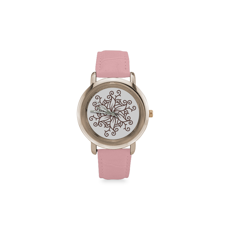 Designers watches with hand-drawn Mandala art. Pink edition Women's Rose Gold Leather Strap Watch(Model 201)