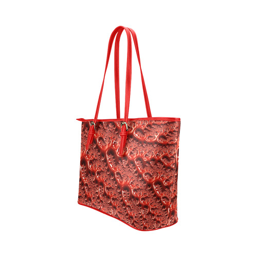 Cool Red Fractal White Lights Leather Tote Bag/Large (Model 1651)